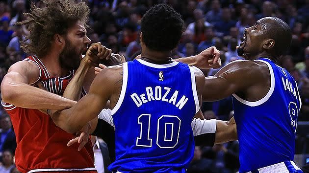 Lopez and Ibaka go at it. Pic: Getty