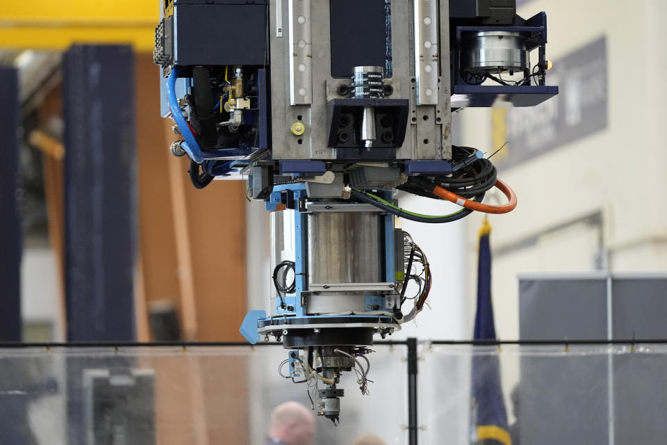 The world's largest 3D printer is seen Tuesday, April 23, 2024, at the University of Maine, in Orono, Maine. (AP Photo/Robert F. Bukaty)