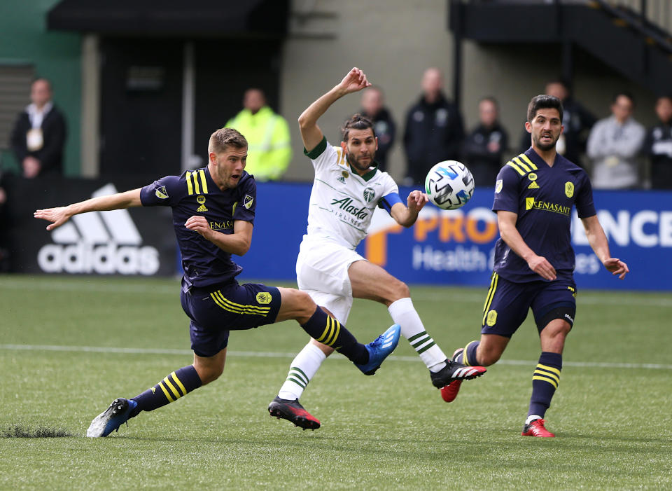 Portland Timbers' Diego Valeri shoots for a goal against Nashville SC in an MLS soccer match in Portland, Ore., Sunday, March 8, 2020. (Sean Meagher/The Oregonian via AP)