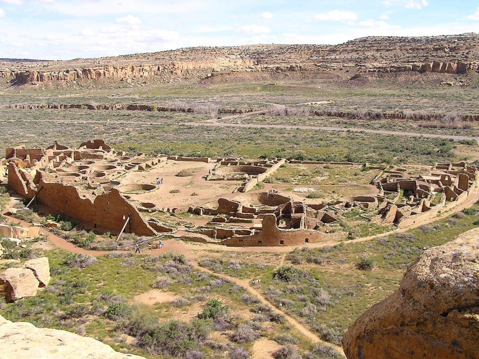 Pueblo Bonito at Chaco Culture National Historical Park is pictured from a cliff overlooking the site.