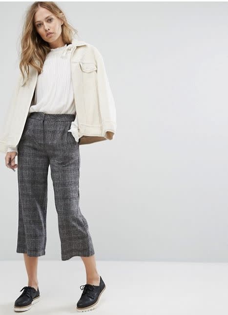 Get the <a href="http://us.asos.com/suncoo/suncoo-check-culottes/prd/8532778?clr=charcoal&amp;SearchQuery=gray+plaid+&amp;pgesize=22&amp;pge=0&amp;totalstyles=22&amp;gridsize=3&amp;gridrow=4&amp;gridcolumn=3" target="_blank">Asos Suncoo check cullotes</a>, $178.