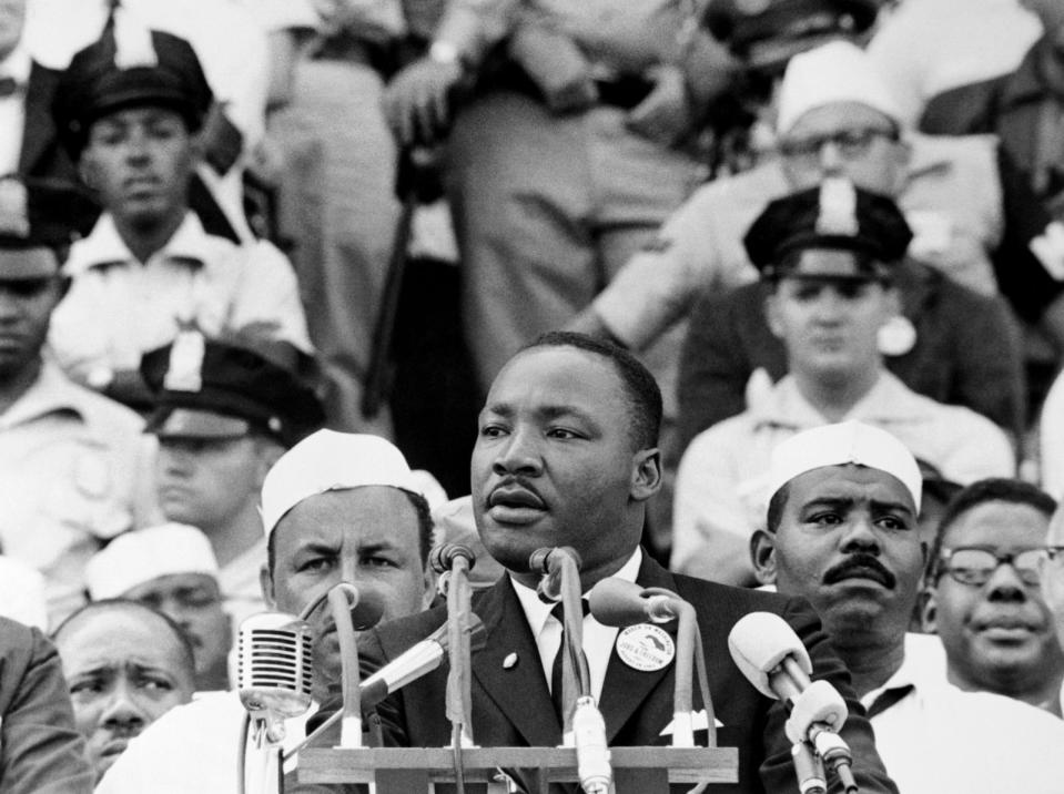 PHOTO: Dr Martin Luther King Jr gives his 'I Have a Dream' speech to a crowd before the Lincoln Memorial during the Freedom March in Washington, DC, on August 28, 1963. (Bettmann Archive/Getty Images)