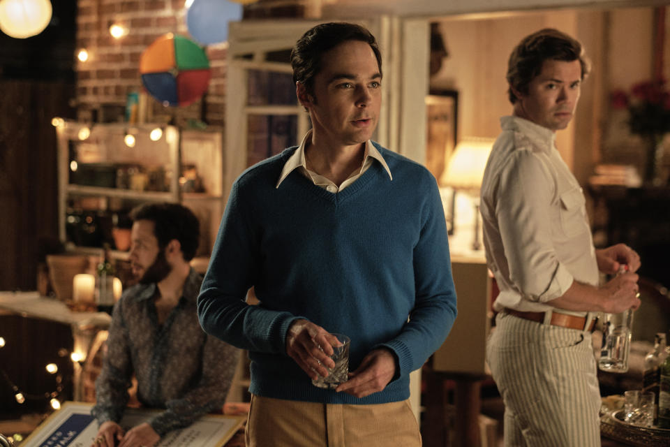 This image released by Netflix shows, from left, Robin de Jesús, Jim Parsons and Andrew Rannells in a scene from "The Boys in the Band." (Scott Everett White/Netflix via AP)