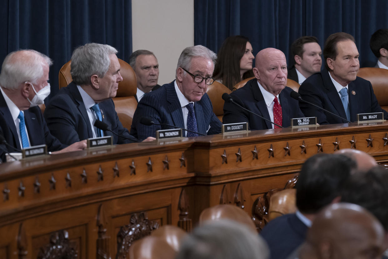 House Ways and Means Committee Chairman Richard Neal, D-Mass., center, and Rep. Kevin Brady, R-Texas, the ranking member, center right, and other committee members, meet to act on former President Donald Trump's tax returns, at the Capitol in Washington, Tuesday, Dec. 20, 2022. (AP Photo/J. Scott Applewhite)