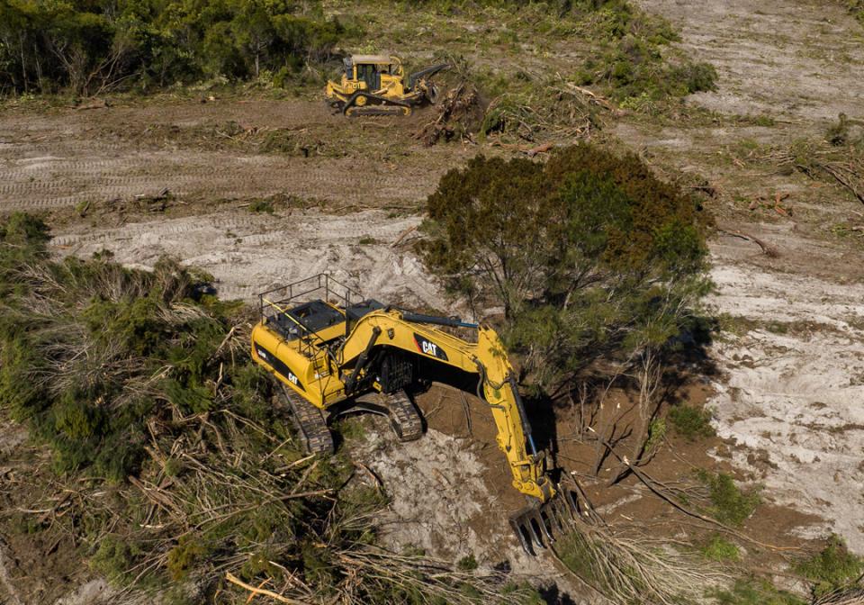 The bulldozers shot from a drone, removing trees at the site.