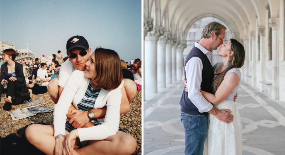 Jen Shoubridge bumped into her school crush Paul on New Year's Eve when they were 23, which changed the course of her life. Pictured then and more recently in Venice. (Supplied) 