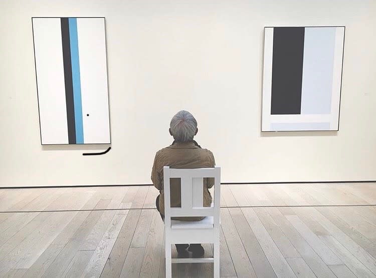 Ben Barcelona considers work in the exhibition "John McLaughlin Paintings: Total Abstraction" at LACMA in 2017.