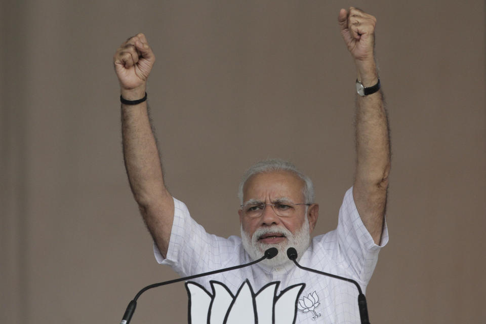 Indian Prime Minister Narendra Modi speaks at an election campaign in Kolkata, India, Wednesday, April 3, 2019. India's general elections will be held in seven phases from April 11 to May 19. (AP Photo/Bikas Das)