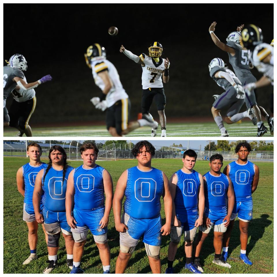 Enterprise led by junior quarterback Jaylen Johnson (top) squares off against run heavy Orland led by Orland's starting offensive line senior Connor Ovard, senior A.J. Fonseca, senior Jeremy Robbins, senior A.J. Schekerynec, senior Grady Lloyd, junior Angel Ayona and senior Khalil Coley.