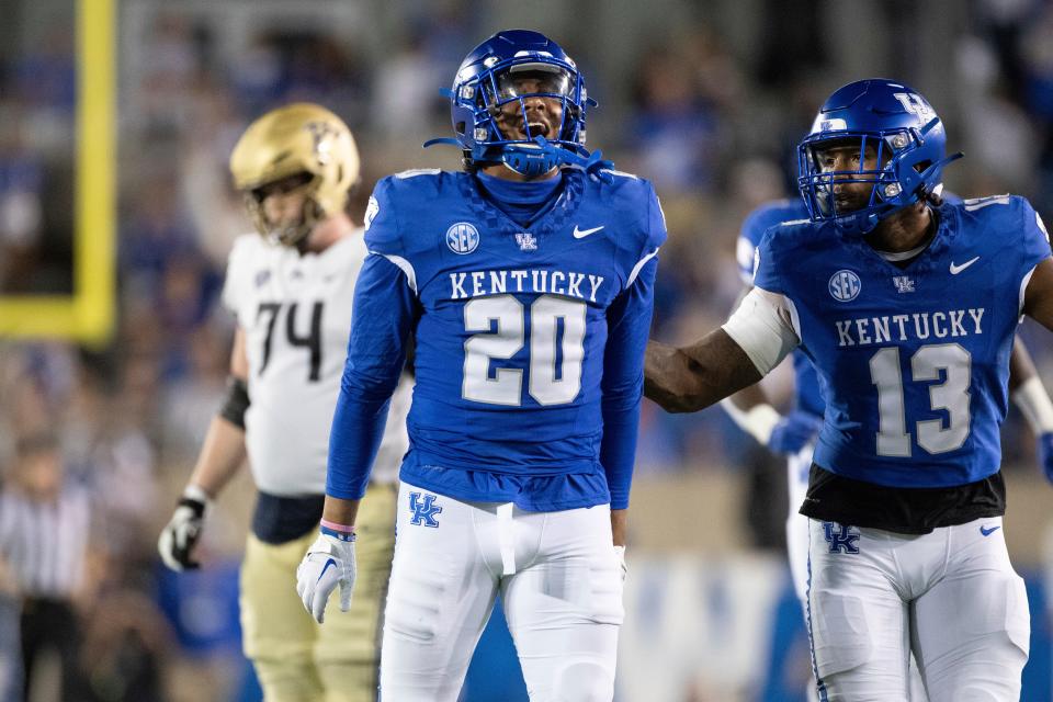 Kentucky linebacker Keaten Wade (20) celebrates after a sack during the second half of an NCAA college football game against Akron in Lexington, Ky., Saturday, Sept. 16, 2023. (AP Photo/Michelle Haas Hutchins)