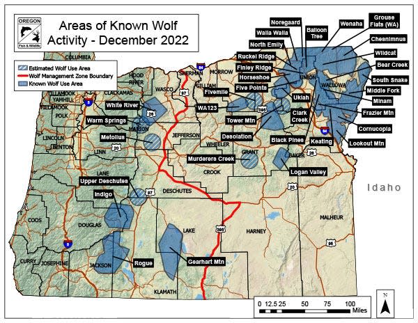 Map of known wolf activity in northeast Oregon. This is the area from where Colorado will capture wolves and transport them to the state for its initial reintroduction effort.