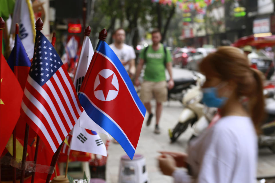 In this Jan. 29, 2019, photo, U.S and North Korean flags are on display for sale at a flag shop in Hanoi, Vietnam. Vietnam's selection as the venue for the second summit between U.S. President Donald Trump and North Korean leader Kim Jong Un is largely a matter of convenience and security, but not without bigger stakes. (AP Photo/Hau Dinh)