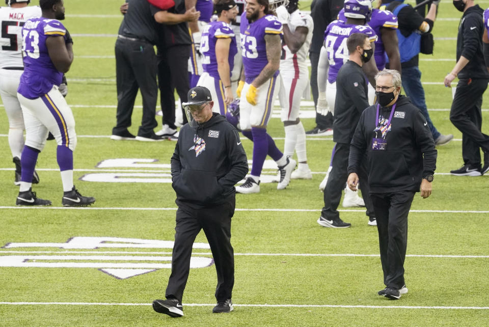 Minnesota Vikings head coach Mike Zimmer walks off the field after an NFL football game against the Atlanta Falcons, Sunday, Oct. 18, 2020, in Minneapolis. The Falcons won 40-23. (AP Photo/Jim Mone)