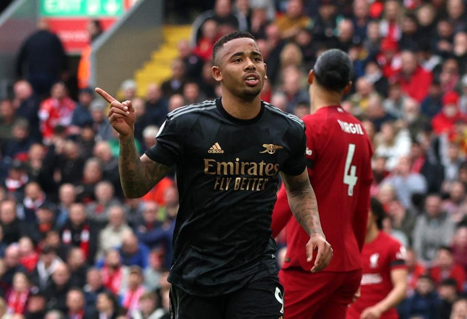 Gabriel Jesus celebrates scoring Arsenal’s second goal (Reuters)