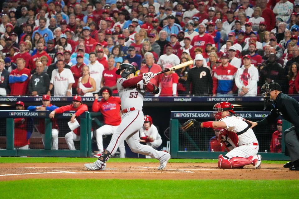 Arizona Diamondbacks first baseman Christian Walker (53) hits an RBI single during the first inning in game seven of the NLCS at Citizens Bank Park in Philadelphia on Oct. 24, 2023.
