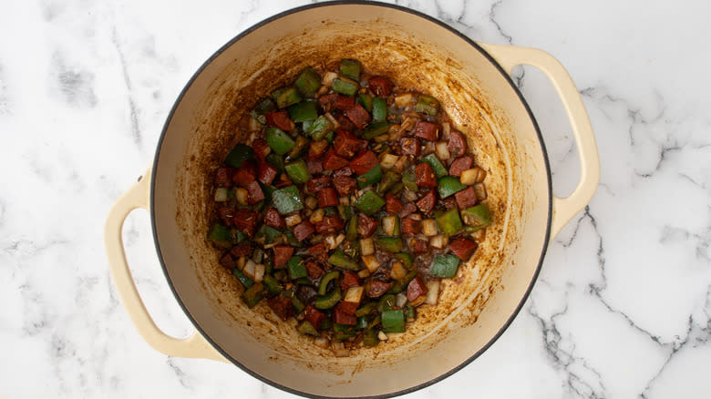 pepperoni vegetables spices in pot