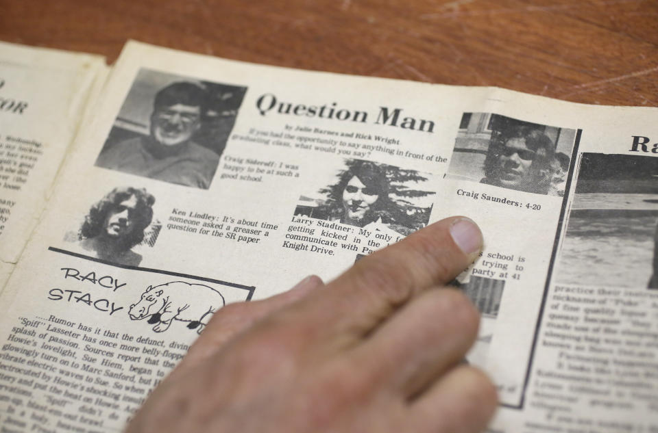 FILE - A San Rafael High School newspaper from June 1974 referencing 420, is shown that is stored at a bank vault in San Francisco, April 13, 2018. (AP Photo/Eric Risberg, File)