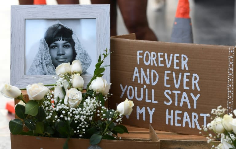 Flowers and tributes are placed on the star for Aretha Franklin on the Hollywood Walk of Fame in California