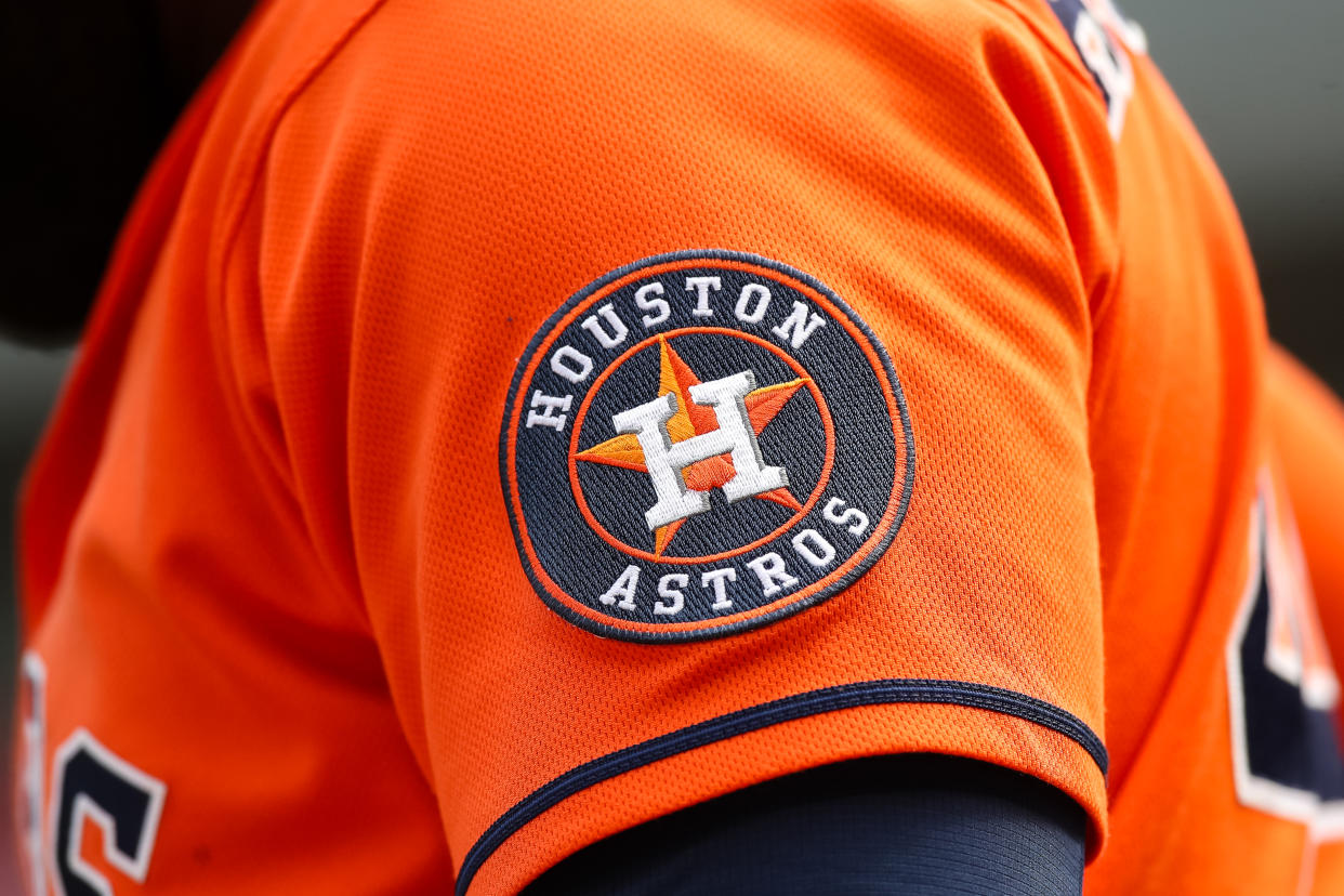 MINNEAPOLIS, MN - MAY 12: A view of the Houston Astros logo on the jersey of Yordan Alvarez #44 in the first inning of game two of a doubleheader against the Minnesota Twins at Target Field on May 12, 2022 in Minneapolis, Minnesota. The Astros defeated the Twins 5-0. (Photo by David Berding/Getty Images)