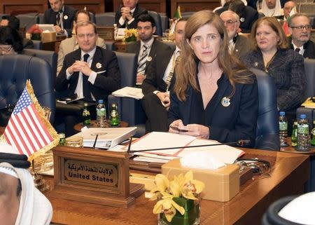 U.S. Permanent Representative to the United Nations Samatha Power attends the Third International Humanitarian Pledging Conference for Syria in Bayan Palace March 31, 2015. REUTERS/Stephanie McGehee