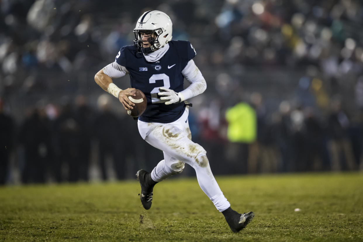 STATE COLLEGE, PA - NOVEMBER 24: Tommy Stevens #2 of the Penn State Nittany Lions rushes with the ball against the Maryland Terrapins during the second half at Beaver Stadium on November 24, 2018 in State College, Pennsylvania.  (Photo by Scott Taetsch/Getty Images)