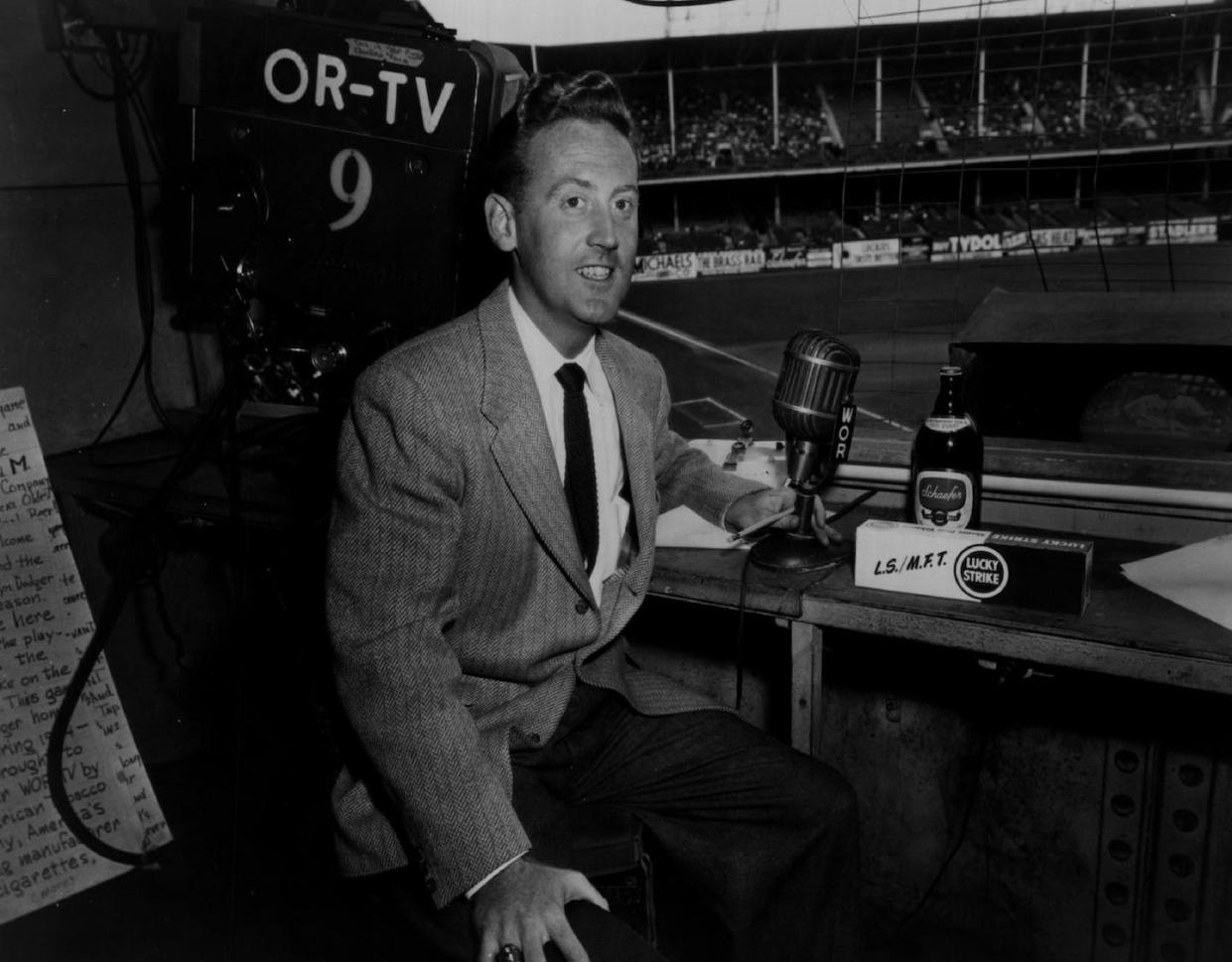 Barber called Scully, pictured in a broadcast booth prior to a Brooklyn Dodgers game, 'the son I never had.' <a href="https://www.gettyimages.com/detail/news-photo/announcer-vin-scully-of-the-los-angeles-dodgers-poses-for-a-news-photo/482028781?adppopup=true" rel="nofollow noopener" target="_blank" data-ylk="slk:Sporting News via Getty Images;elm:context_link;itc:0;sec:content-canvas" class="link ">Sporting News via Getty Images</a>