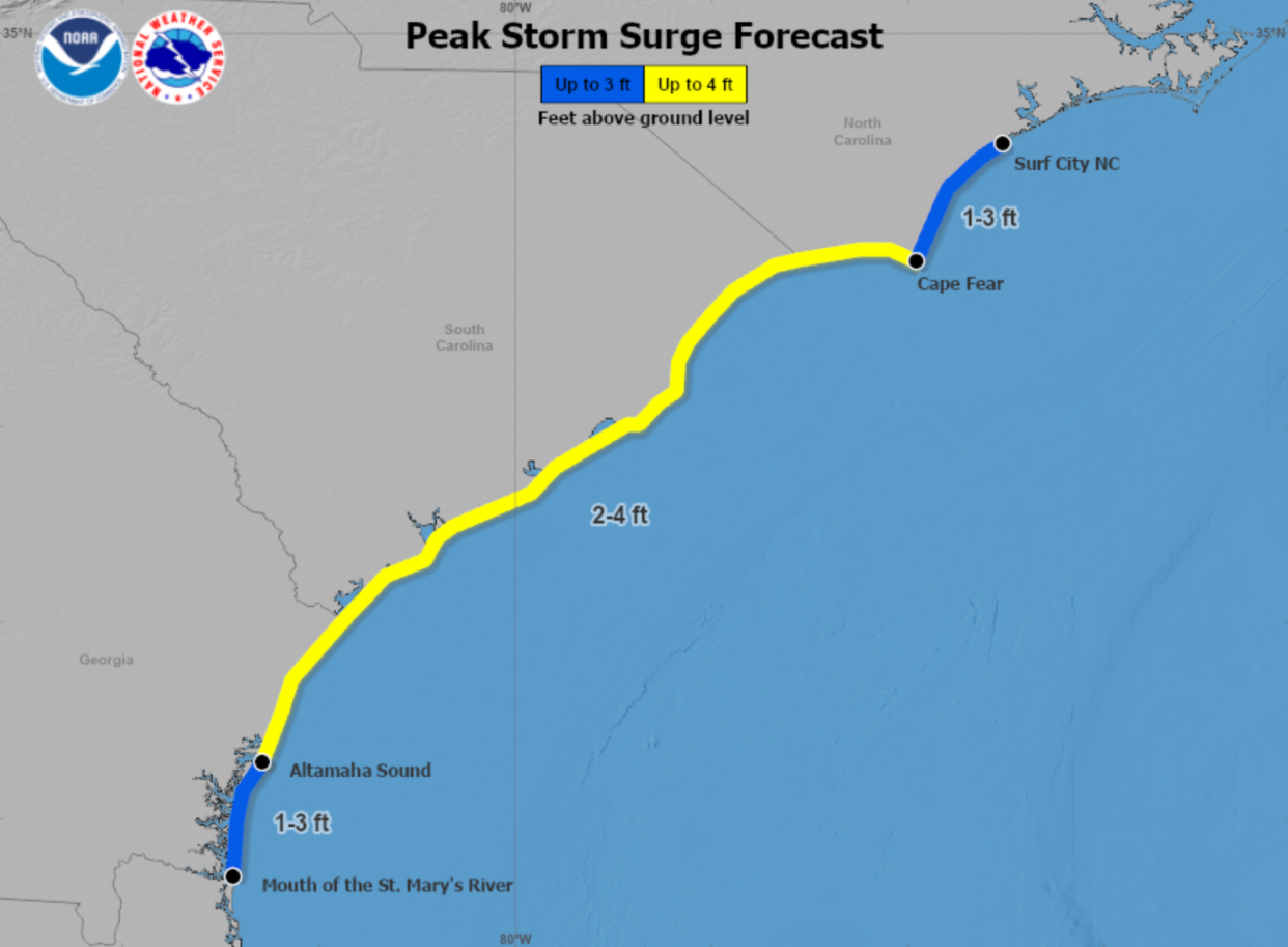 Map shows latest storm surge forecast for Tropical Storm Debby  (National Hurricane Center)