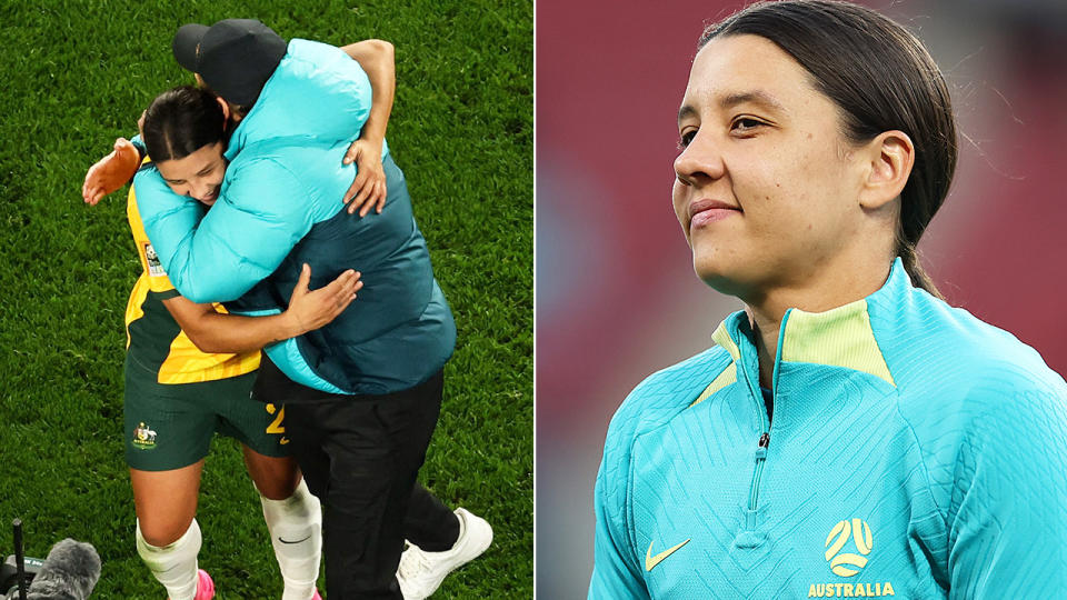 Sam Kerr hugs Tony Gustavsson and Kerr smiles before a game.