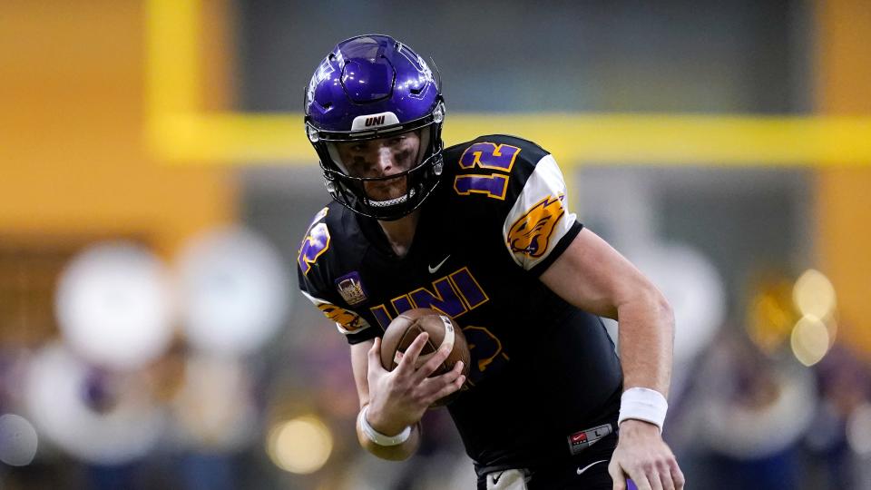 Northern Iowa quarterback Theo Day carries the ball against Southern Illinois on Oct. 30, 2021, in Cedar Falls.