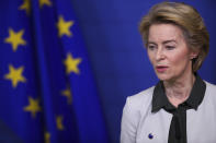 European Commission President Ursula von der Leyen gives a press statement on the European Green Deal at the European Commission headquarters in Brussels, Wednesday, Dec. 11, 2019. In her bid to lead the EU toward climate neutrality, European Commission president Ursula von der Leyen wants to put up 100 billion euros (dollars 130 billion U.S.) to help member countries that still heavily rely on fossil fuels transition to lower emissions. (AP Photo/Francisco Seco)