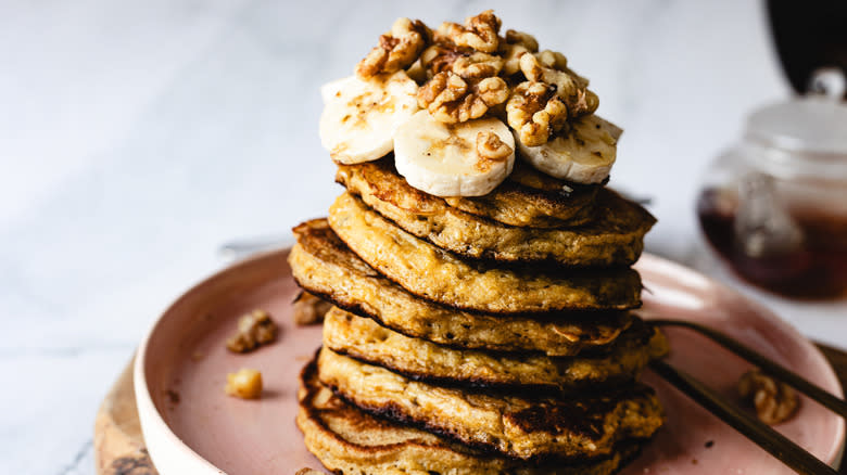 Stack of pancakes with tea