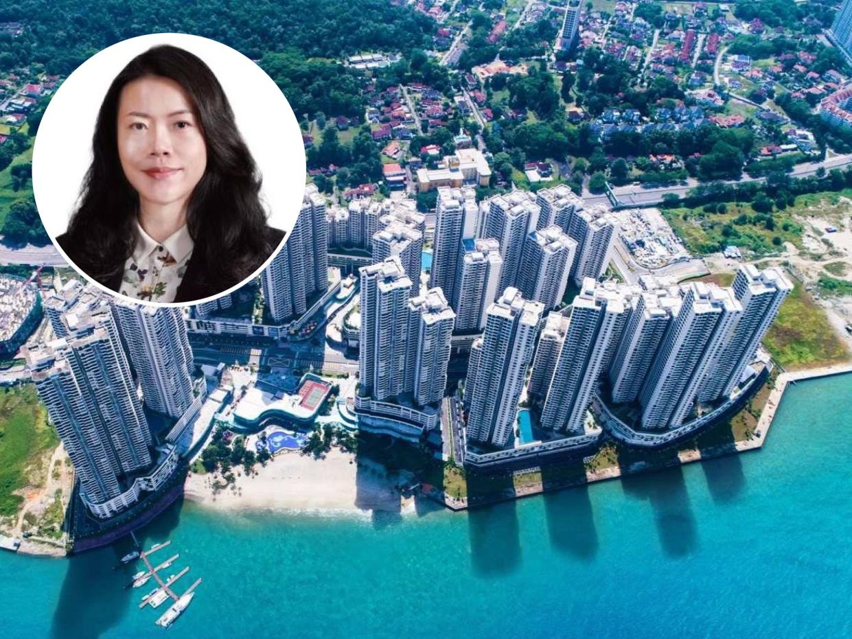 A headshot of Yang Huiyan superimposed over the image of a coastline with large skyscrapers next to a beach with clear blue water.