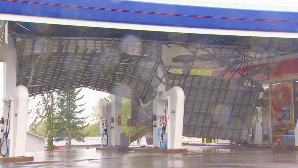 At a New Maryland Irving gas station, the underside of the canopy peeled off and fell down onto the pumps.