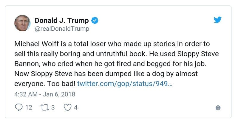 A January 2018 tweet from Trump that says in part: "Michael Wolff is a total loser who made up stories in order to sell this really boring and untruthful book."