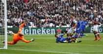 <p>Leicester City’s Riyad Mahrez scores their first goal </p>