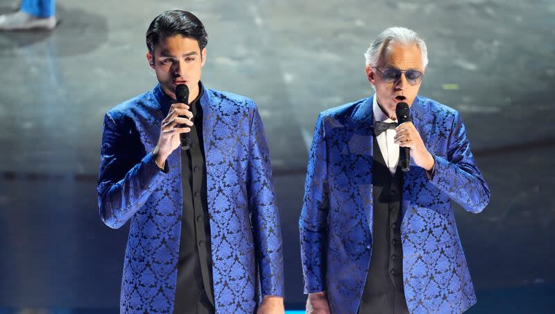 Matteo Bocelli, left, and Andrea Bocelli perform "Time to Say Goodbye" during an in memoriam segment of the Oscars on Sunday, March 10, 2024, at the Dolby Theatre in Los Angeles.