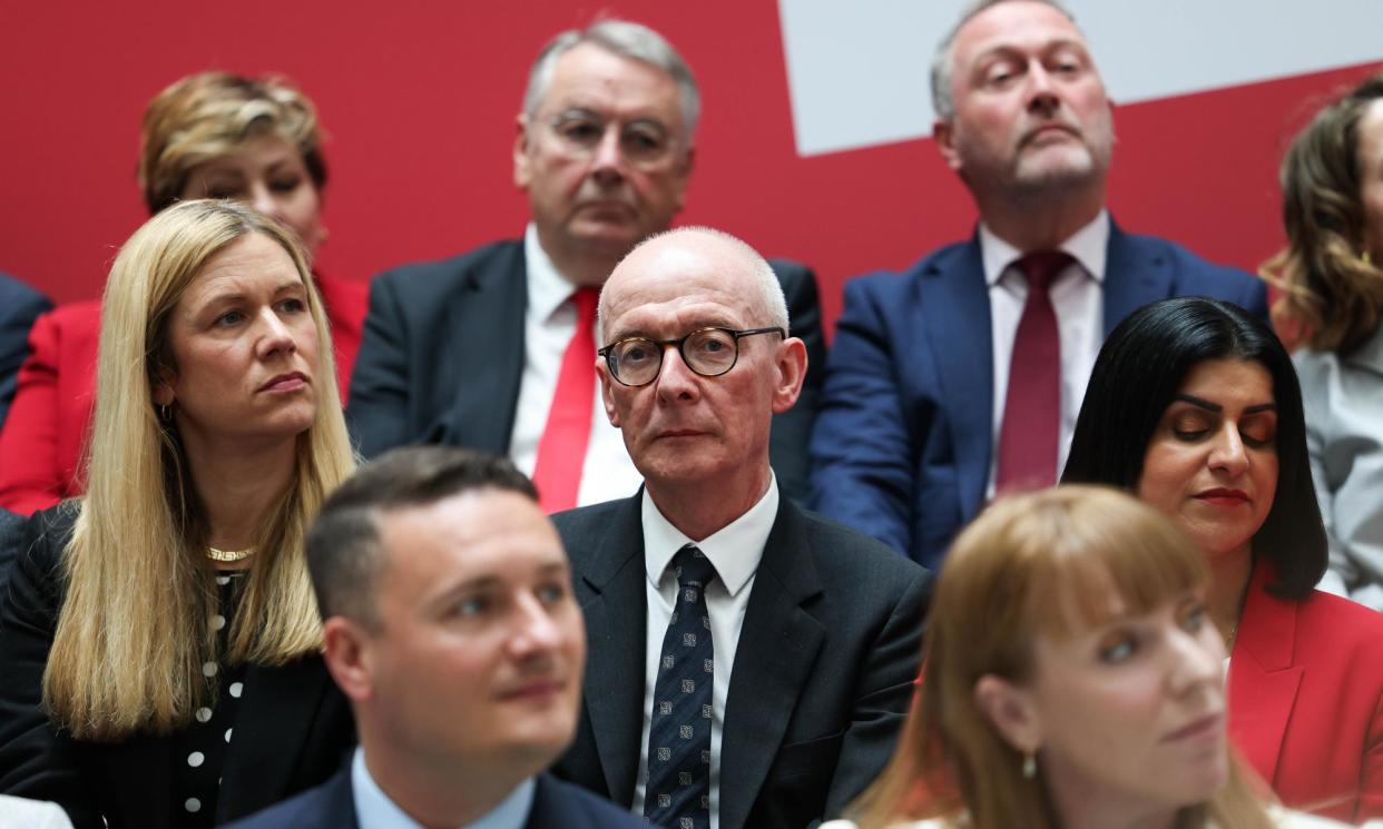 <span>Pat McFadden, centre, at the launch of Labour’s general election manifesto in Manchester in June.</span><span>Photograph: Bloomberg/Getty Images</span>