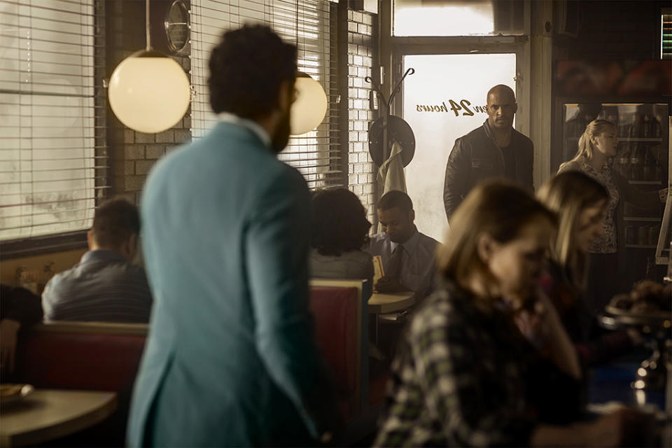 <p>Ricky Whittle as Shadow Moon in Starz’s <i>American Gods</i>.<br><br>(Photo: Starz) </p>