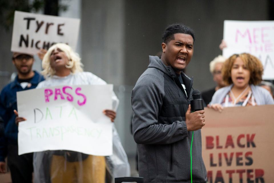 Ron Davis, an organizer with Stand for Children and Memphis Interfaith Coalition for Action and Hope, leads a chant during a rally organized by MICAH to demand the city council votes to support six ordinances regarding public safety and police reform outside Memphis City Hall on March 2, 2023. 