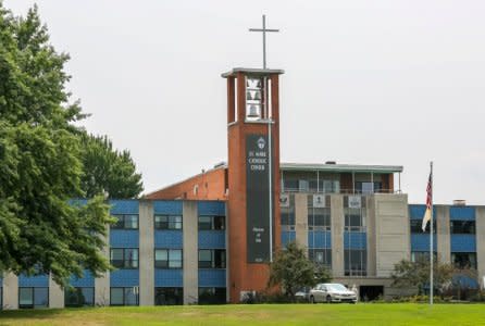 The bell tower on the Roman Catholic St. Mark's Seminary is seen in Erie, Pennsylvania, U.S. August 15, 2018.  REUTERS/Paul Gibbens