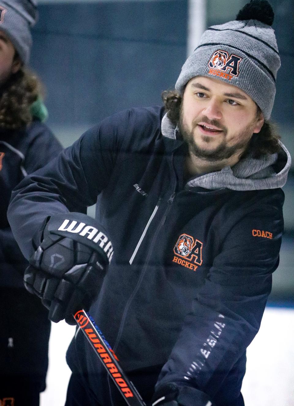 Oliver Ames High boys hockey coach Jimmy Tierney during a practice at Asiaf Arena in Brockton on Thursday, Jan. 19, 2023.