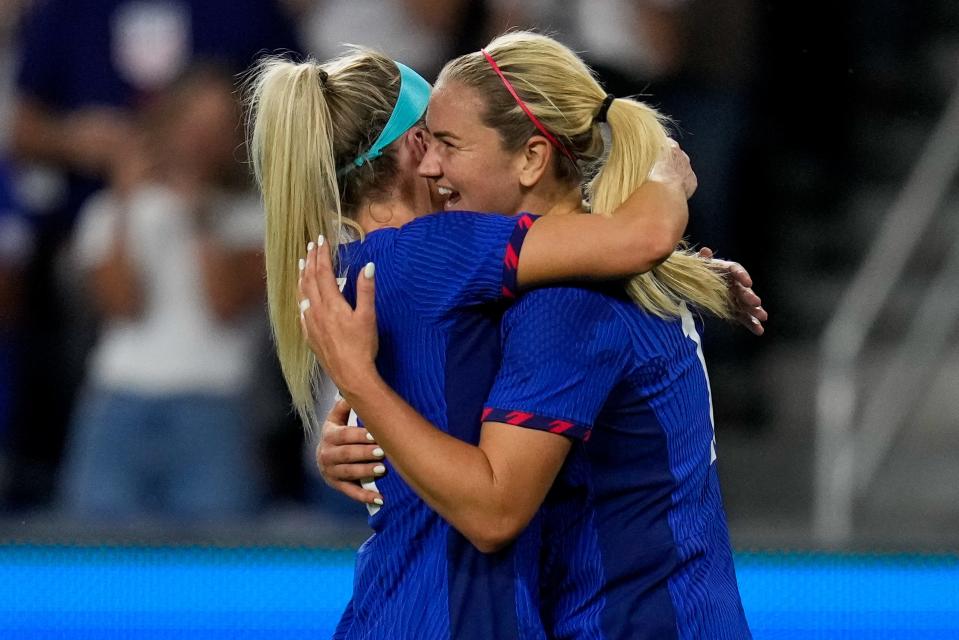 United States midfielder Julie Ertz (8) hugs midfielder Lindsey Horan (10) after a goal in the first half of the Woman’s Soccer International Friendly match between the United States National Teams and the South Africa at TQL Stadium in Cincinnati on Thursday, Sept. 21, 2023. USA led 3-0 at halftime.