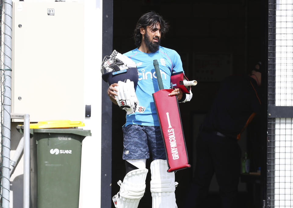 England's Haseeb Hameed prepares to bat during their training session at the Gabba ahead of the first Ashes cricket test in Brisbane, Australia, Monday, Dec. 6, 2021. (AP Photo/Tertius Pickard)