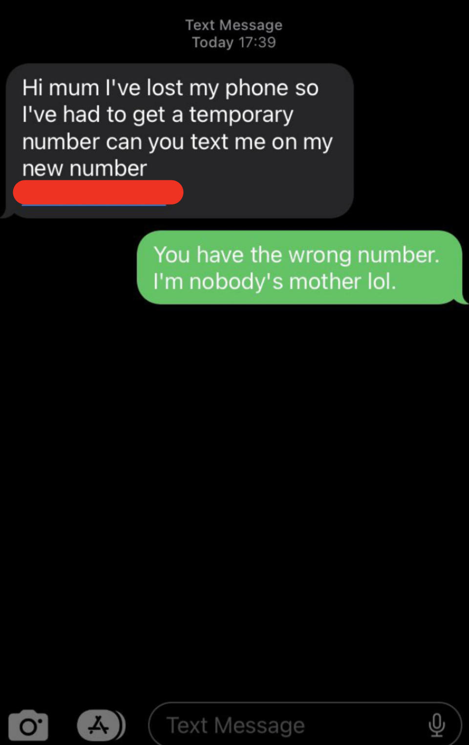 Person texts "mum" that they lost their phone and have a new temporary number, and the response is "wrong number, I'm nobody's mother"