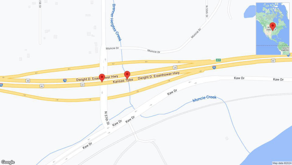 A detailed map that shows the affected road due to 'Warning: Crash on eastbound I-70 in Kansas City' on May 13th at 7:47 p.m.