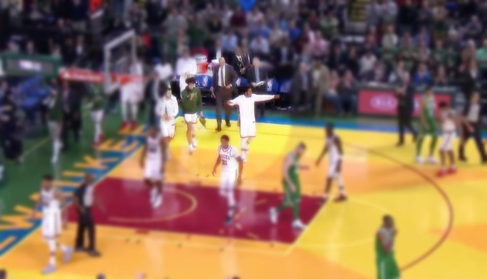 Bucks rookies D.J. Wilson and Sterling Brown celebrate Marcus Smart’s miss at the end of the first half.