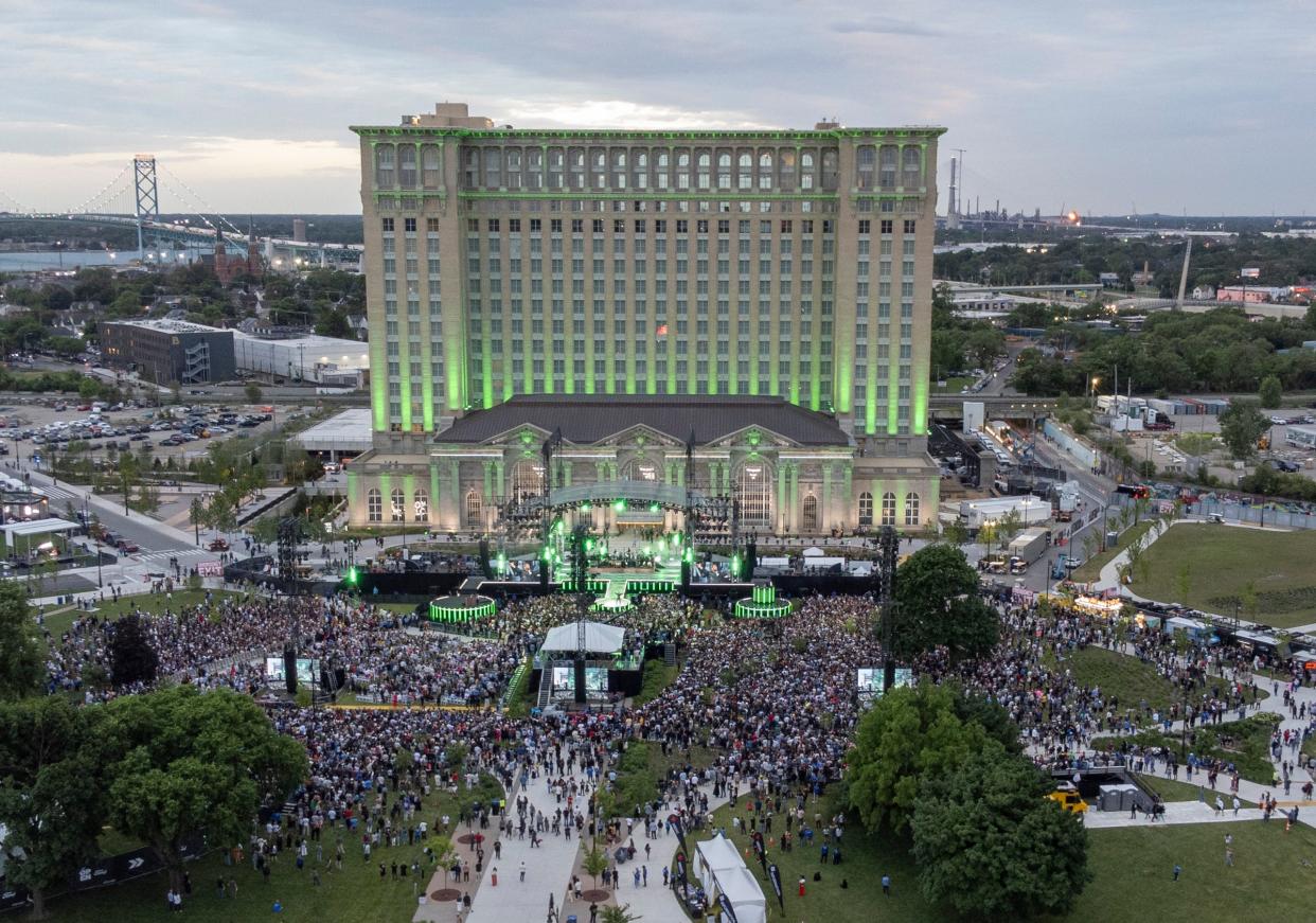 An aerial photograph during "Live from Detroit: The concert at Michigan Central" in Detroit's Corktown neighborhood on Thursday, June 6, 2024.