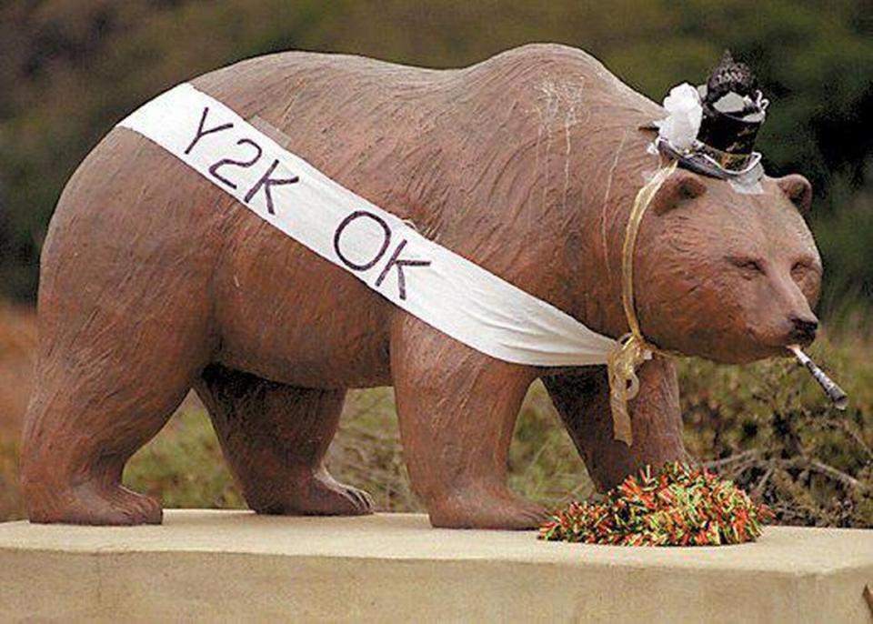 The Los Osos Bear on South Bay Blvd. was decorated in New Years garb and a Y2K OK sash. Published Jan. 2, 2000.