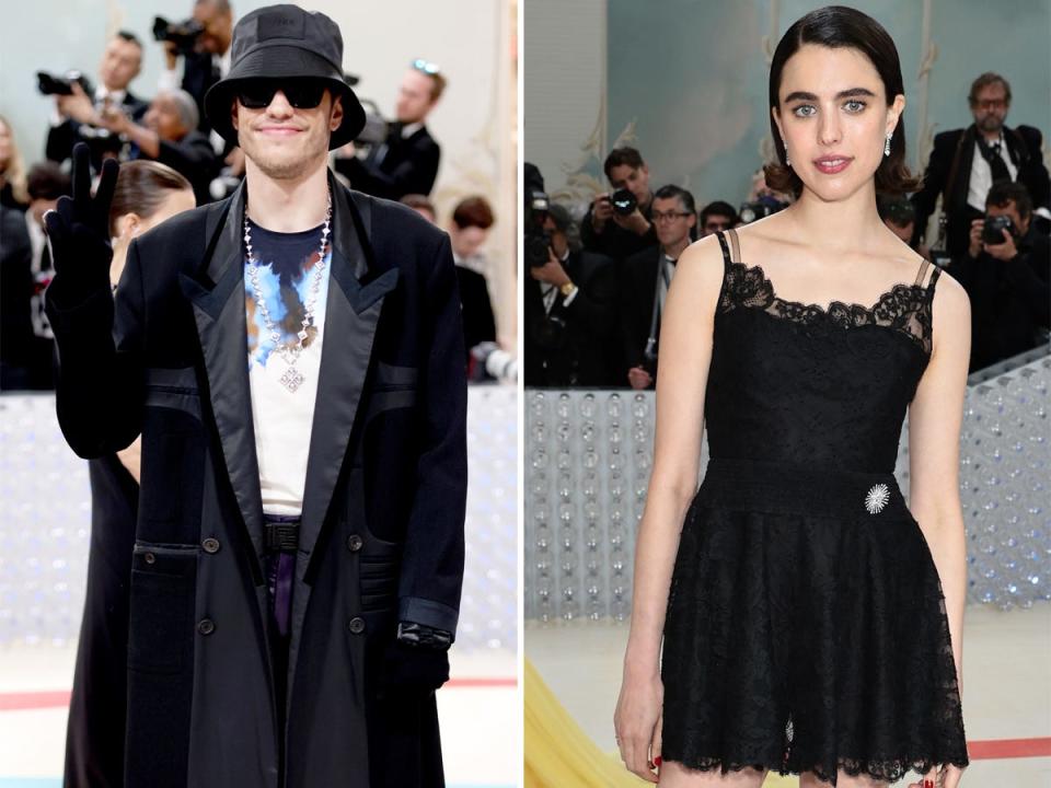 A side-by-side of Pete Davidson and Margaret Qualley at the 2023 Met Gala.