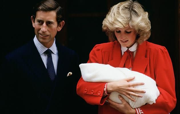 Diana and Charles are seen leaving hospital with Prince Harry. Photo: Getty Images